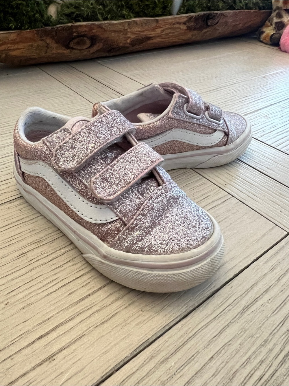 Vans Kids Pink Glitter Velcro Sneakers with White Side Stripe